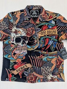 Rebel Vengeance Tapestry Shirt Skull Rose Eagle Tattoo Print NWT L